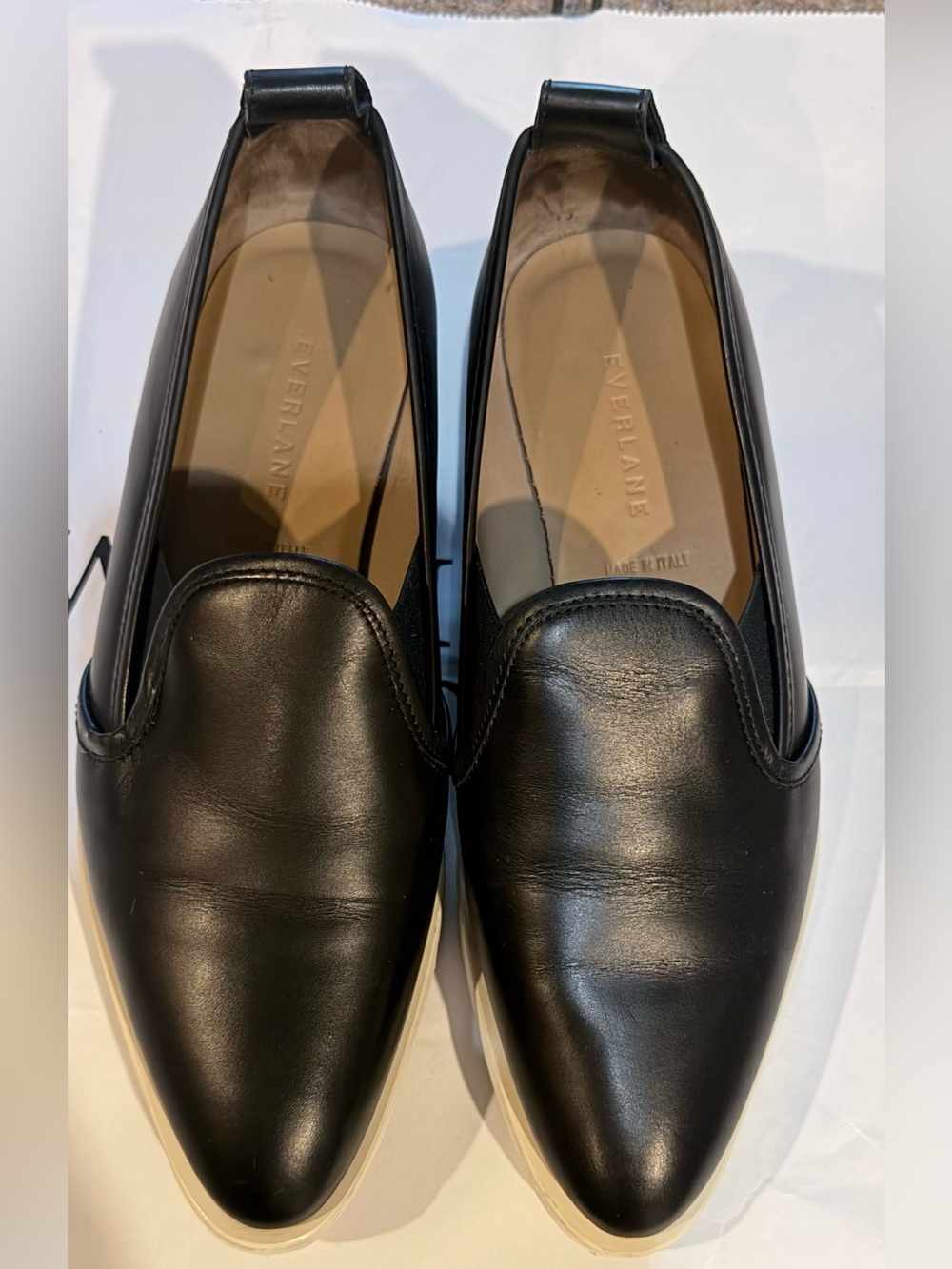 Everlane Black Leather Slip-On Loafers with Cream Soles Made in Italy